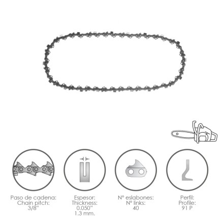 Cadena Motosierra 3/8" / 0,050" 1,3 mm, / 40 Eslabones / 91 P