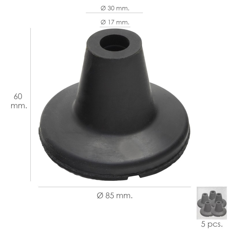 Taco Goma Baston Negro Tubo Ø 19 mm, / Base Ø 85 mm, Tipo Ventosa Bolsa 5 Unidades