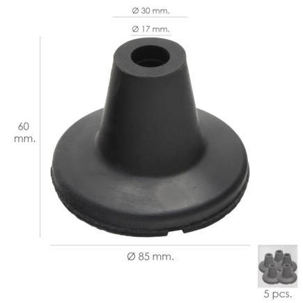 Taco Goma Baston Negro Tubo Ø 19 mm, / Base Ø 85 mm, Tipo Ventosa Bolsa 5 Unidades