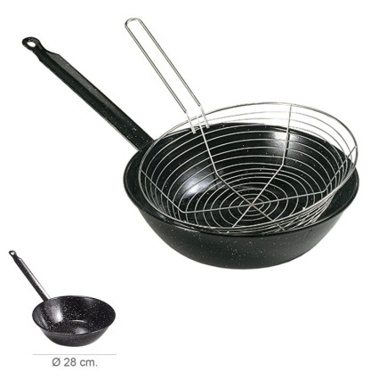 Sarten Esmaltada Con Mango Ø 28 cm, Con Cestillo Freir